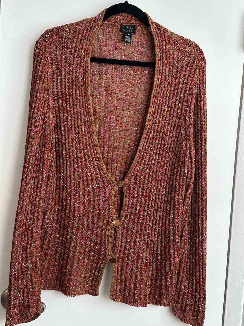 Sigrid Olsen Ribbed Cardigan in Rust with Pink Accents (Size L)
